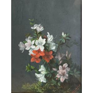 Suzanne Poissonnié (xixe), Nature Morte Aux Fleurs: Amaryllis, Gouache Sur Papier