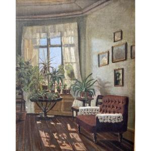 French School Around 1900, Interior View Of An Apartment, Oil On Canvas