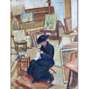 Marguerite Plessis (xxe Siècle- Née à Bordeaux), Charlotte Cousant Dans Son Atelier, Huile