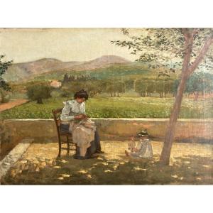 Etienne Mein (1865-1938), Nourrice Et Enfant Sur La Terrasse Près d'Aubagne, Huile, Marseille