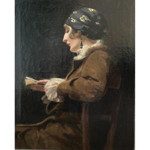 Ecole Française? Vers 1900, Grand portrait de femme à la lecture, Huile Sur Toile, Signé