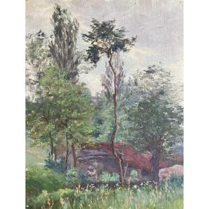 Léon Marie Benoit (1865-1917), Cabin In A Forest Landscape, Oil On Mounted Canvas