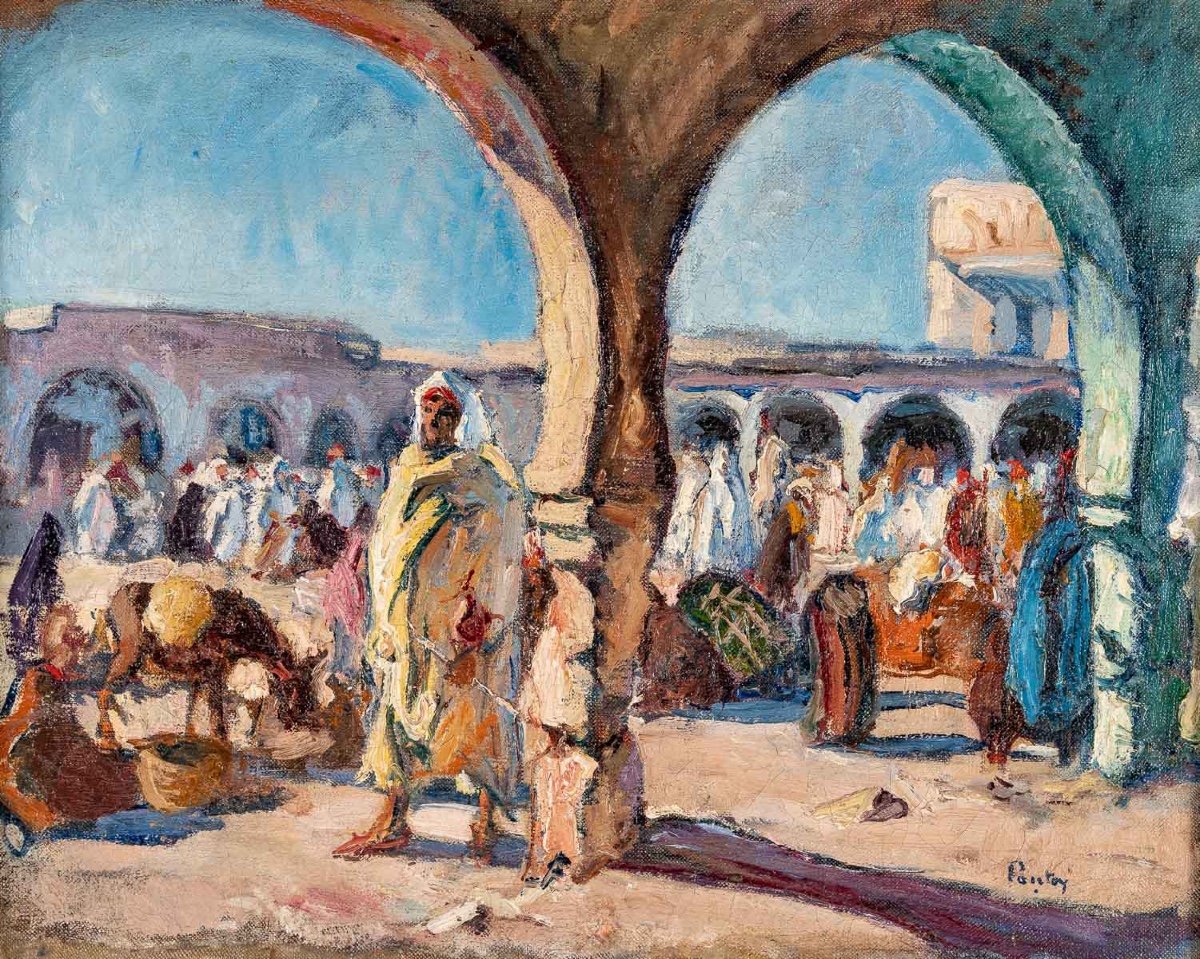 Henri Pontoy (1888 - 1968) - Market Scene In Essaouira In Morocco, Circa 1930-photo-3