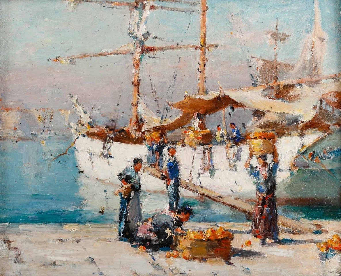 Gilbert Galland (1870 - 1956) - Le déchargement des oranges dans le port de Marseille.-photo-2