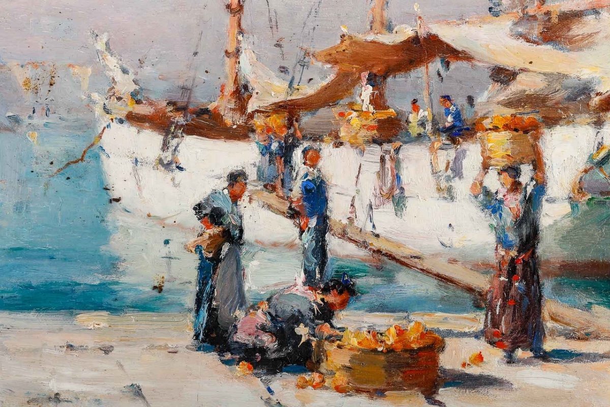 Gilbert Galland (1870 - 1956) - Le déchargement des oranges dans le port de Marseille.-photo-3