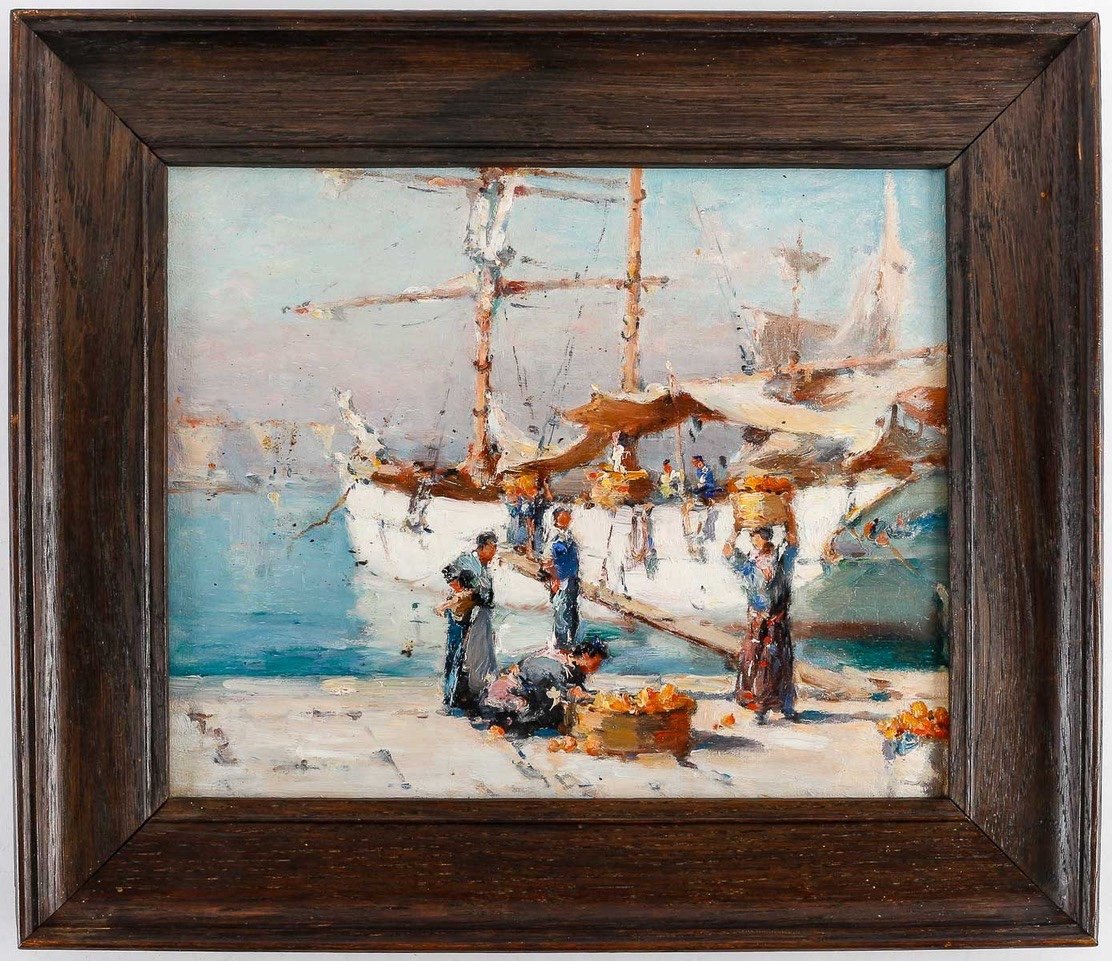 Gilbert Galland (1870 - 1956) - Le déchargement des oranges dans le port de Marseille.