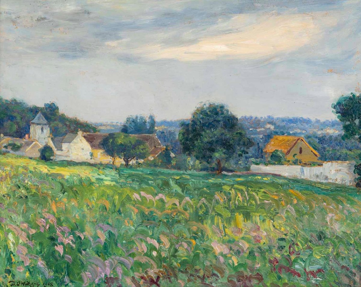 David Ossipovitch Widhopff (1867 - 1933) - Paysage, Village autour de Giverny, Daté 1908