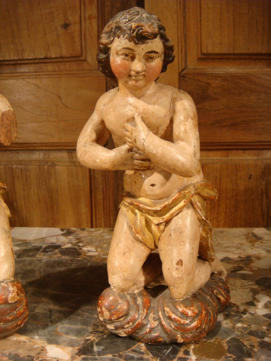Small Sculpture Angels In Polychrome Wood Epoque XVIII-photo-3