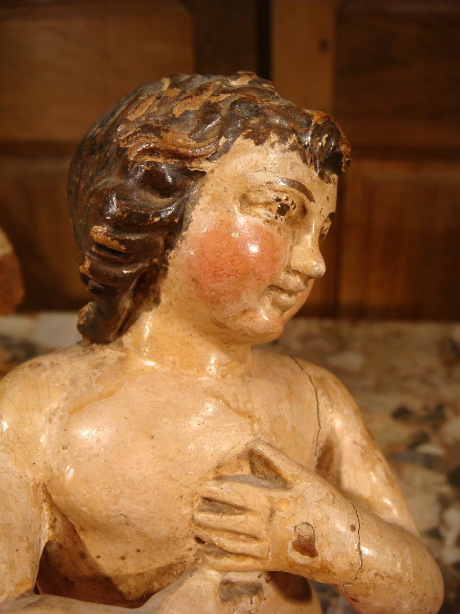 Small Sculpture Angels In Polychrome Wood Epoque XVIII-photo-4