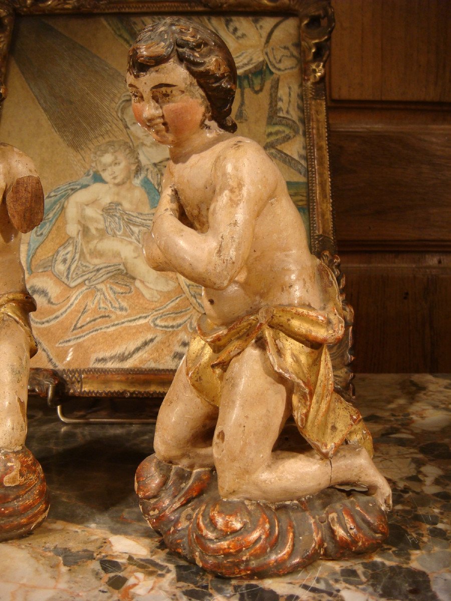 Small Sculpture Angels In Polychrome Wood Epoque XVIII-photo-1
