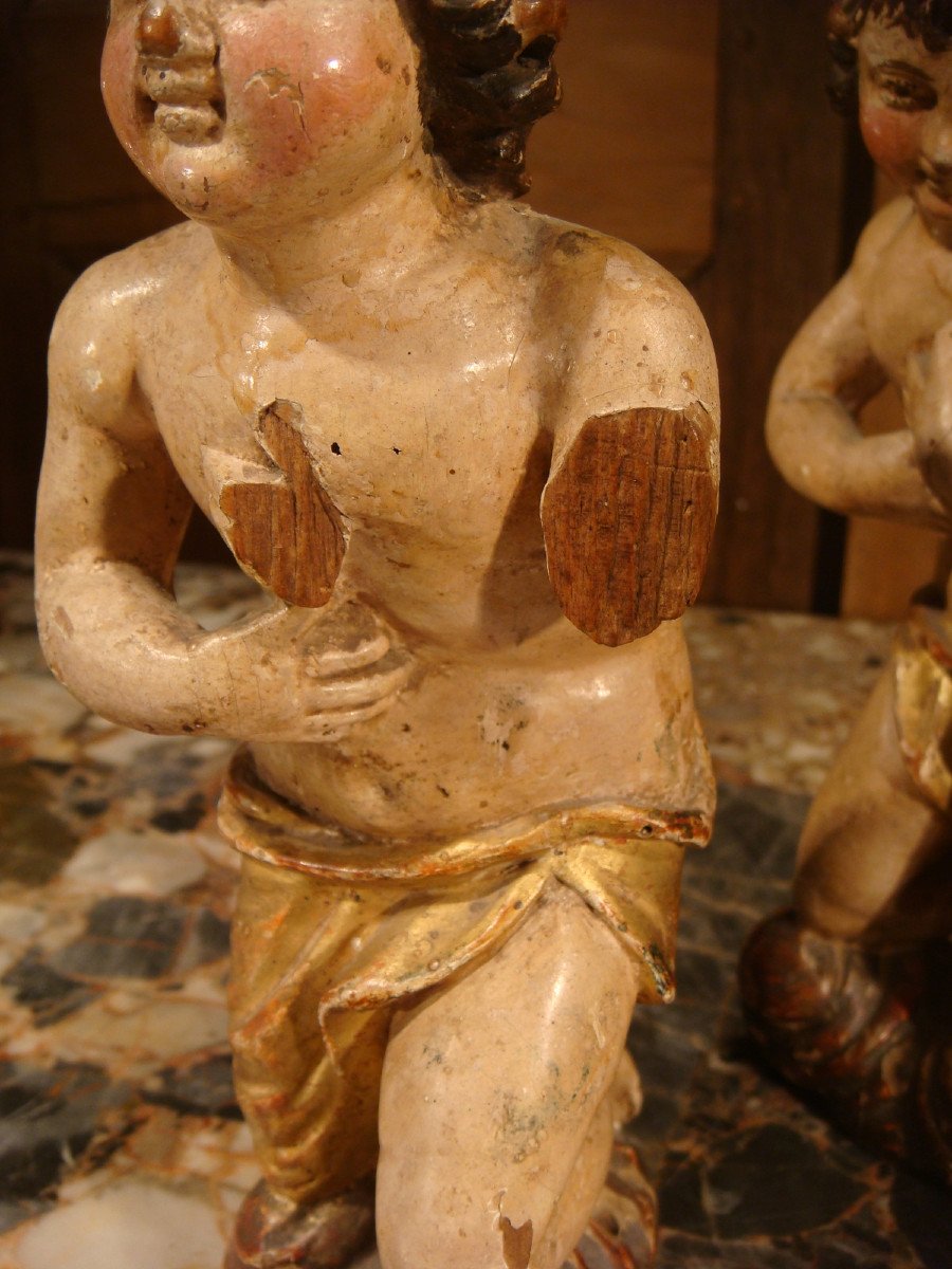 Small Sculpture Angels In Polychrome Wood Epoque XVIII-photo-5