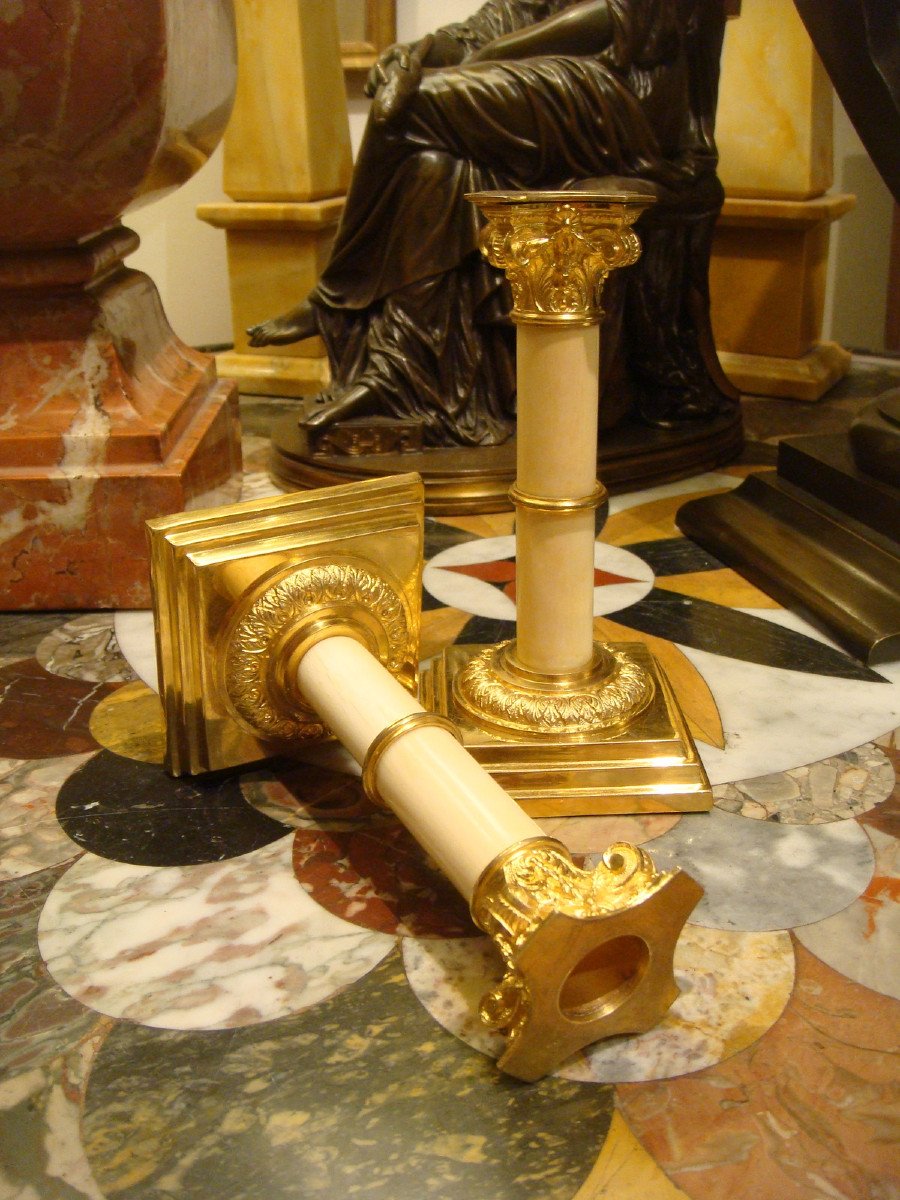 Pair Of Small Dore Bronze And Ivory Candlesticks Late Nineteenth Time-photo-4