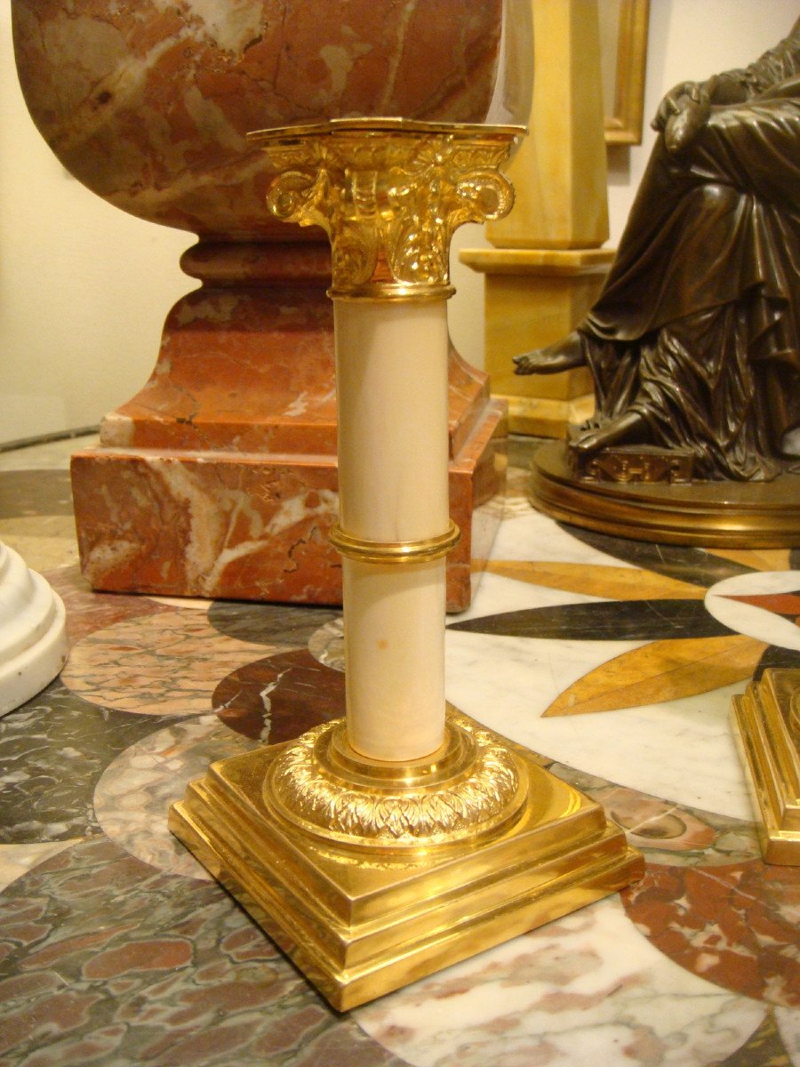 Pair Of Small Dore Bronze And Ivory Candlesticks Late Nineteenth Time-photo-1