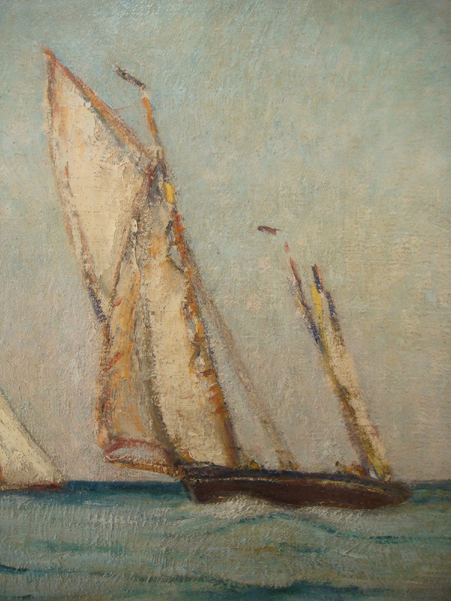 Marine Painting Oil On Canvas Sailboats André Wilder 1923-photo-4