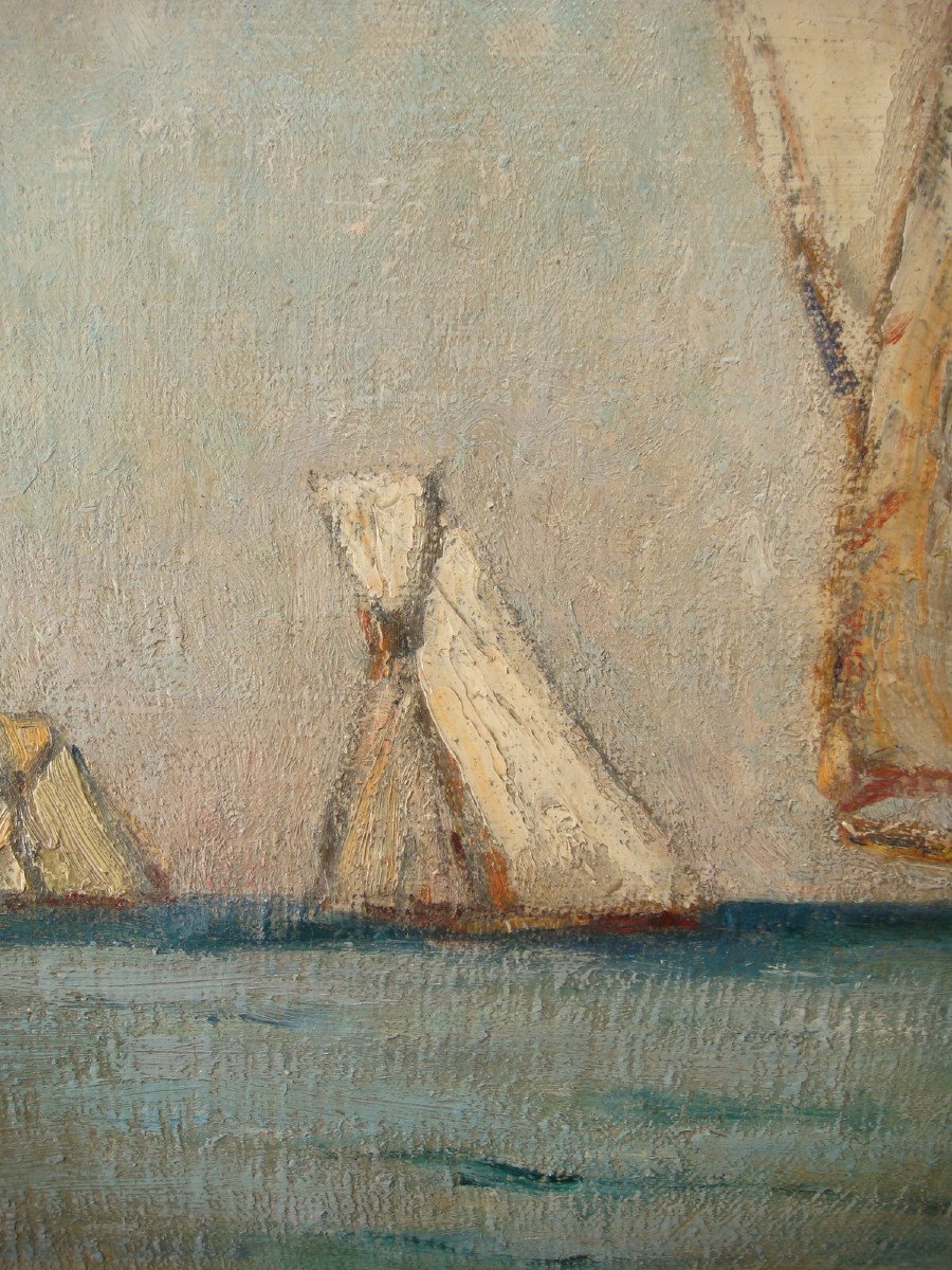 Marine Painting Oil On Canvas Sailboats André Wilder 1923-photo-1