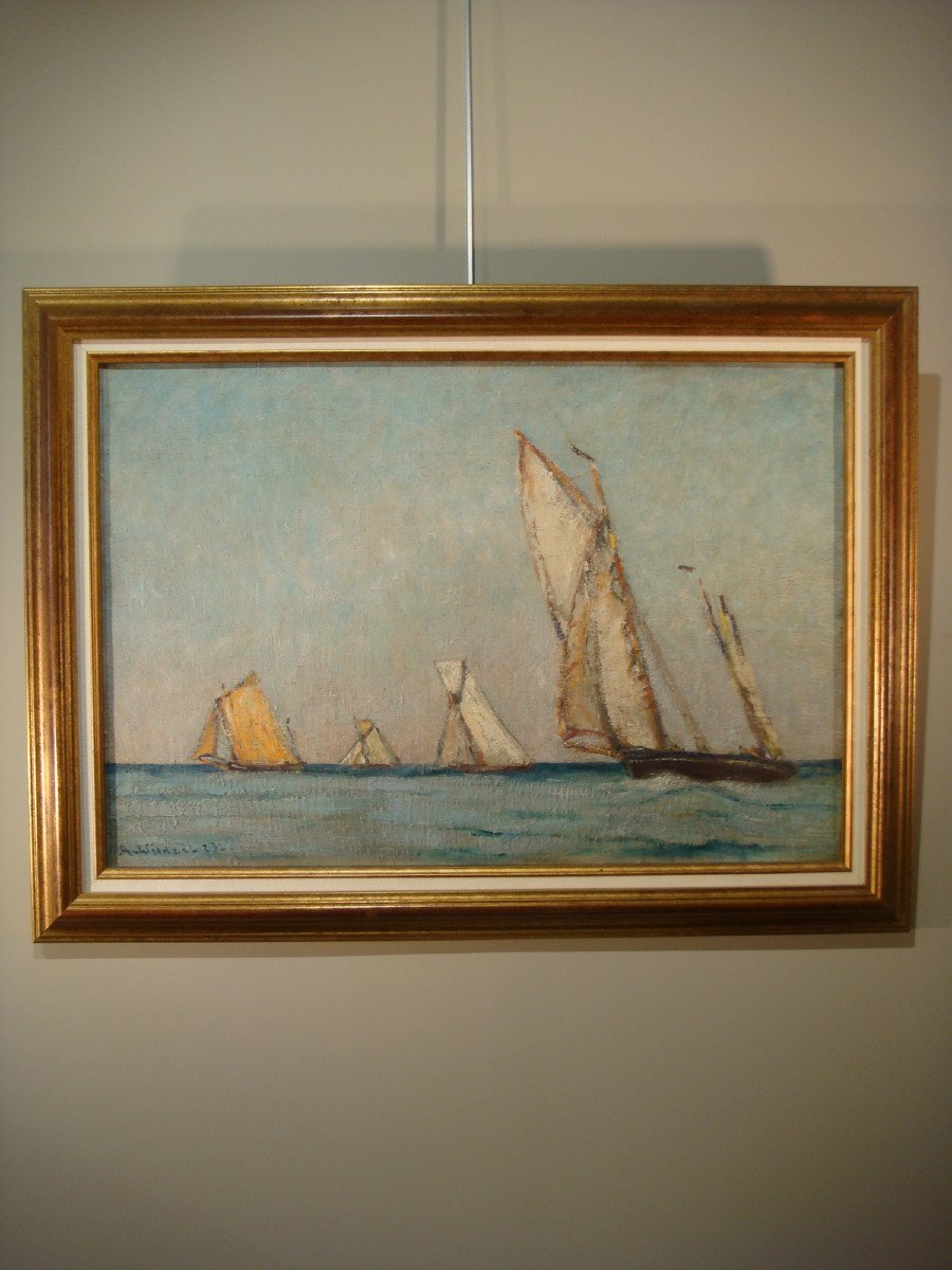 Marine Painting Oil On Canvas Sailboats André Wilder 1923