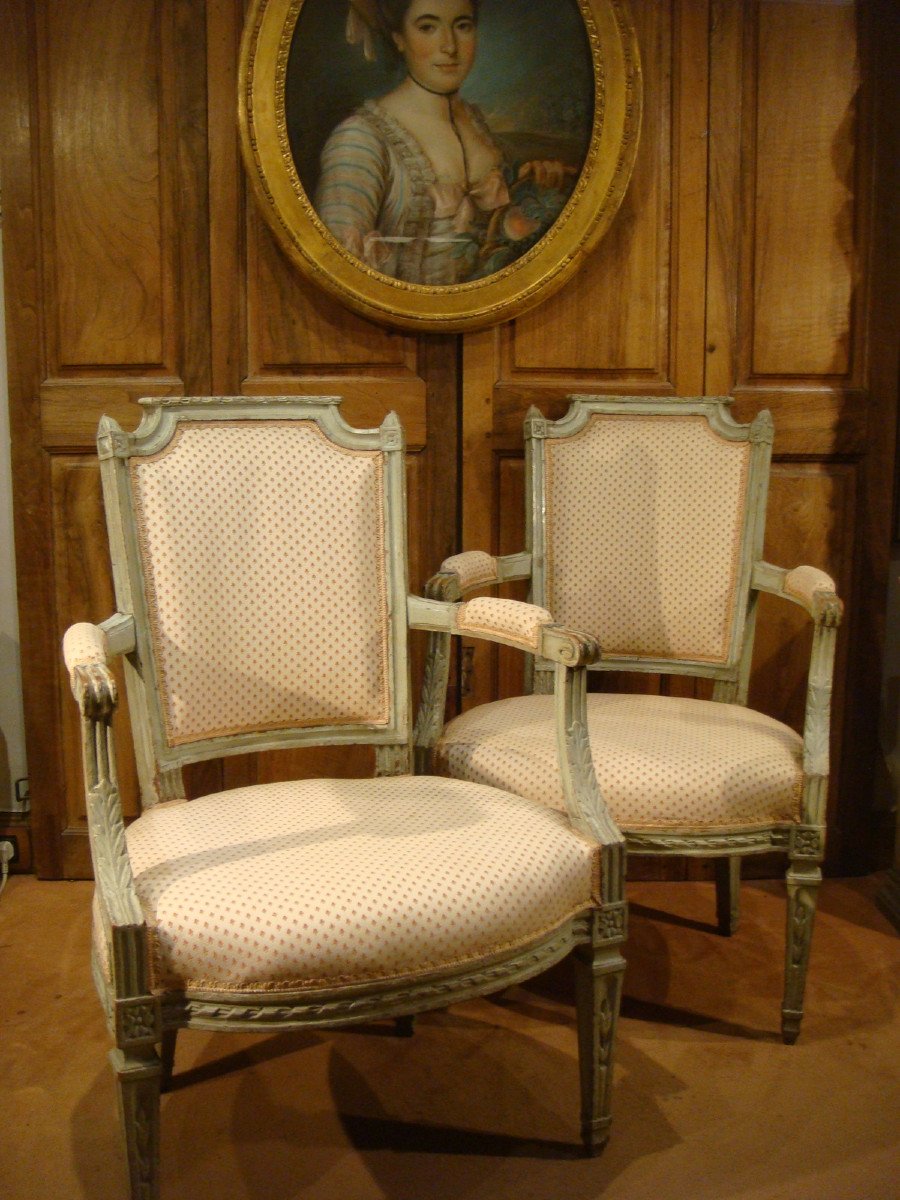 Paire De Fauteuils Cabriolets Laque Epoque Louis XVI-photo-8