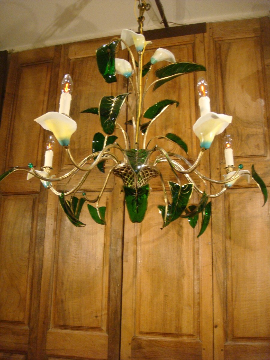 Large Chandelier With Flowered Basket Of Arums Period Late 19th Century-photo-2