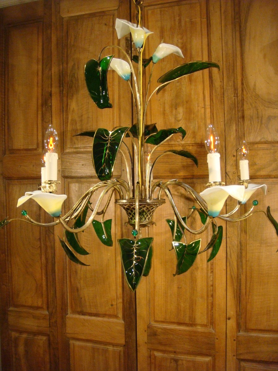 Large Chandelier With Flowered Basket Of Arums Period Late 19th Century-photo-8