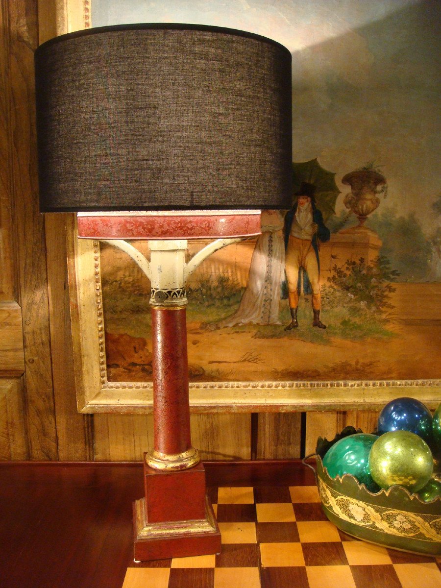 Lamp In Red And Gold Lacquered Tole, Directoire Empire Period 
