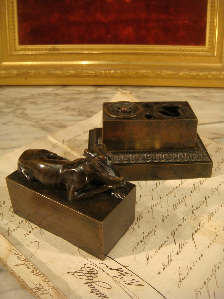 Bronze Inkwell With Levrier Restoration Period -photo-1