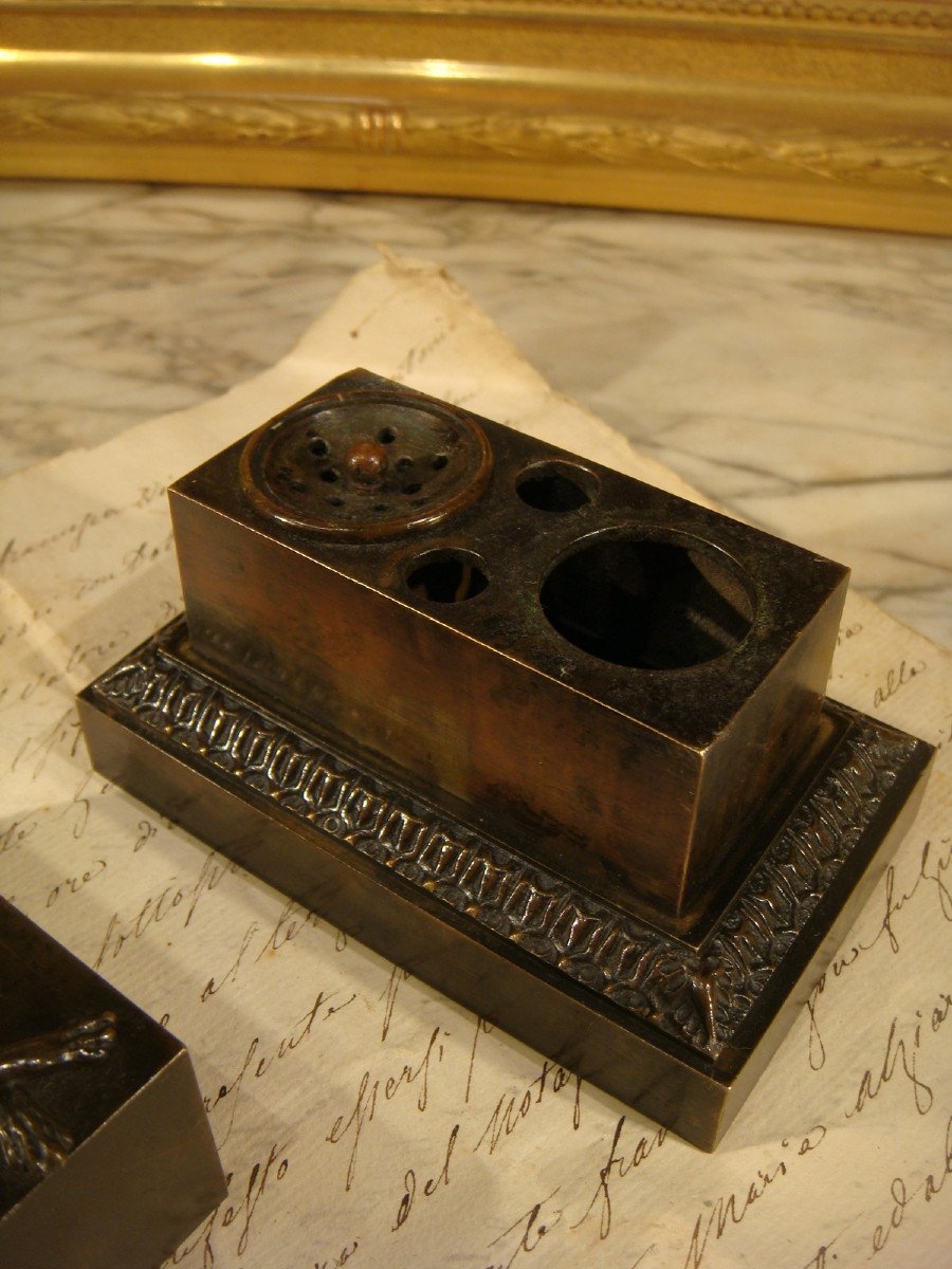 Bronze Inkwell With Levrier Restoration Period -photo-2