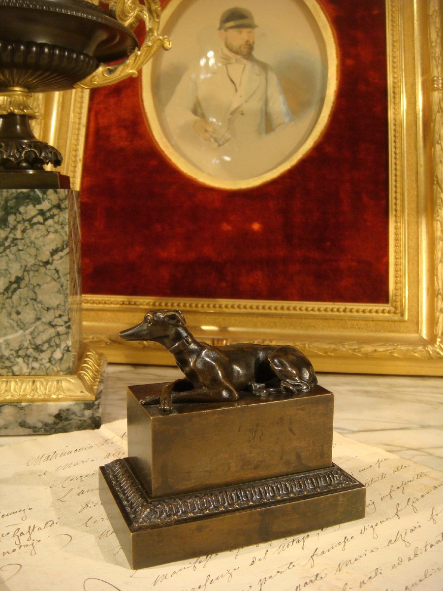 Bronze Inkwell With Levrier Restoration Period 