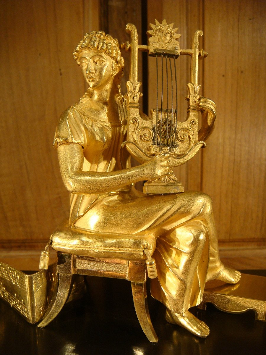 Bronze Clock Woman Playing The Lyre Empire Period -photo-3