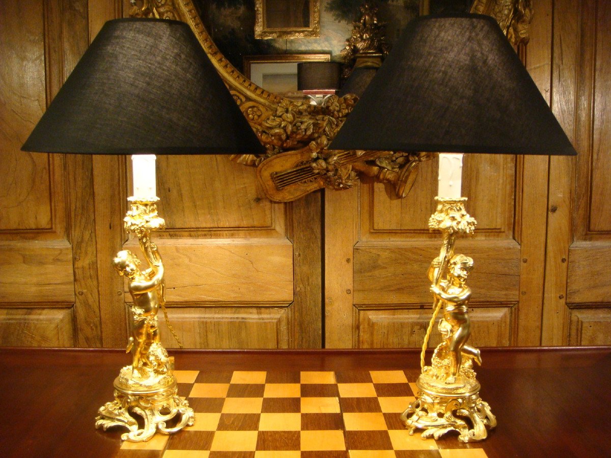 Pair Of Gilt Bronze Candlesticks Lamps With Cupids-photo-2