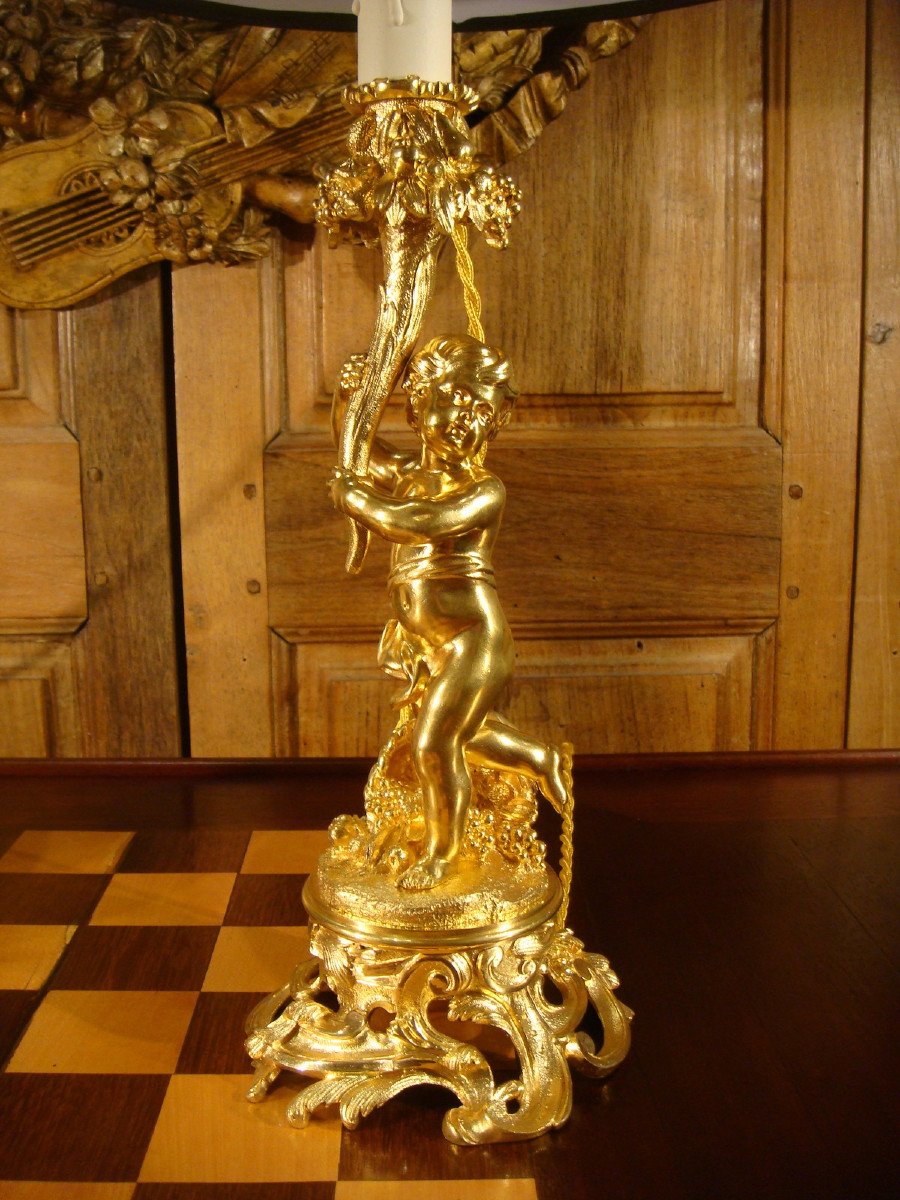 Pair Of Gilt Bronze Candlesticks Lamps With Cupids-photo-3