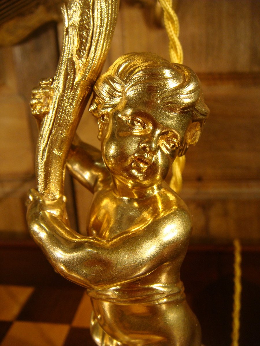 Pair Of Gilt Bronze Candlesticks Lamps With Cupids-photo-4