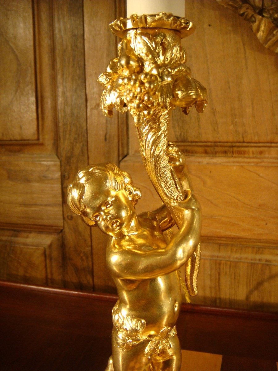 Pair Of Gilt Bronze Candlesticks Lamps With Cupids-photo-4