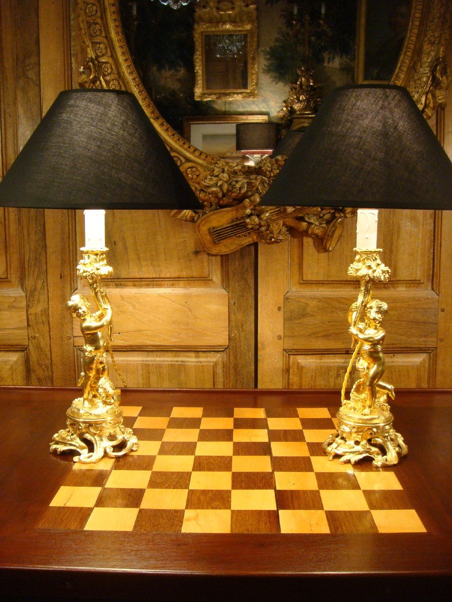 Pair Of Gilt Bronze Candlesticks Lamps With Cupids