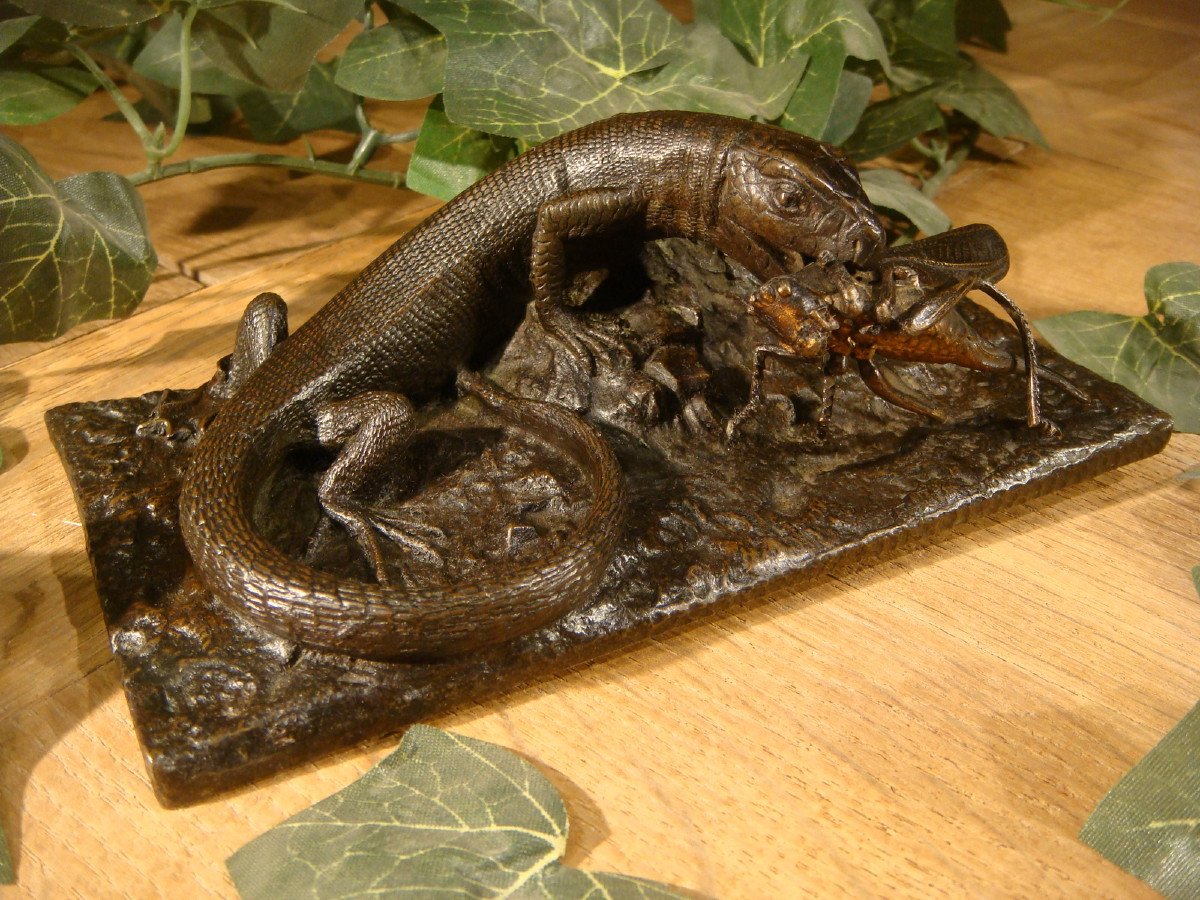 Bronze Lizard With Grasshopper Period Late 19th Century -photo-2