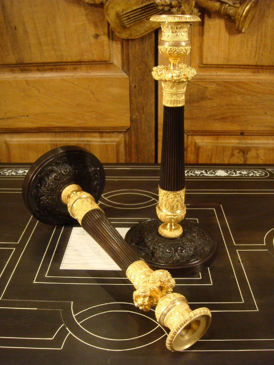 Pair Of Candlesticks In Brown And Gilded Bronze, Restoration Period-photo-3