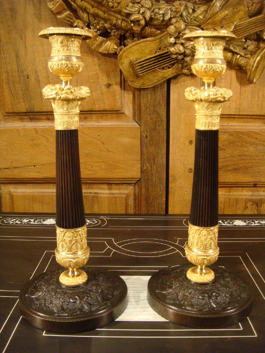 Pair Of Candlesticks In Brown And Gilded Bronze, Restoration Period-photo-4