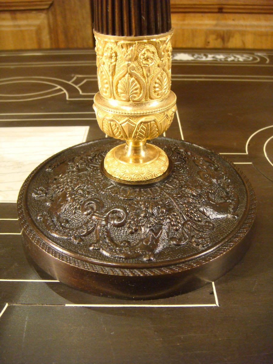 Pair Of Candlesticks In Brown And Gilded Bronze, Restoration Period-photo-1