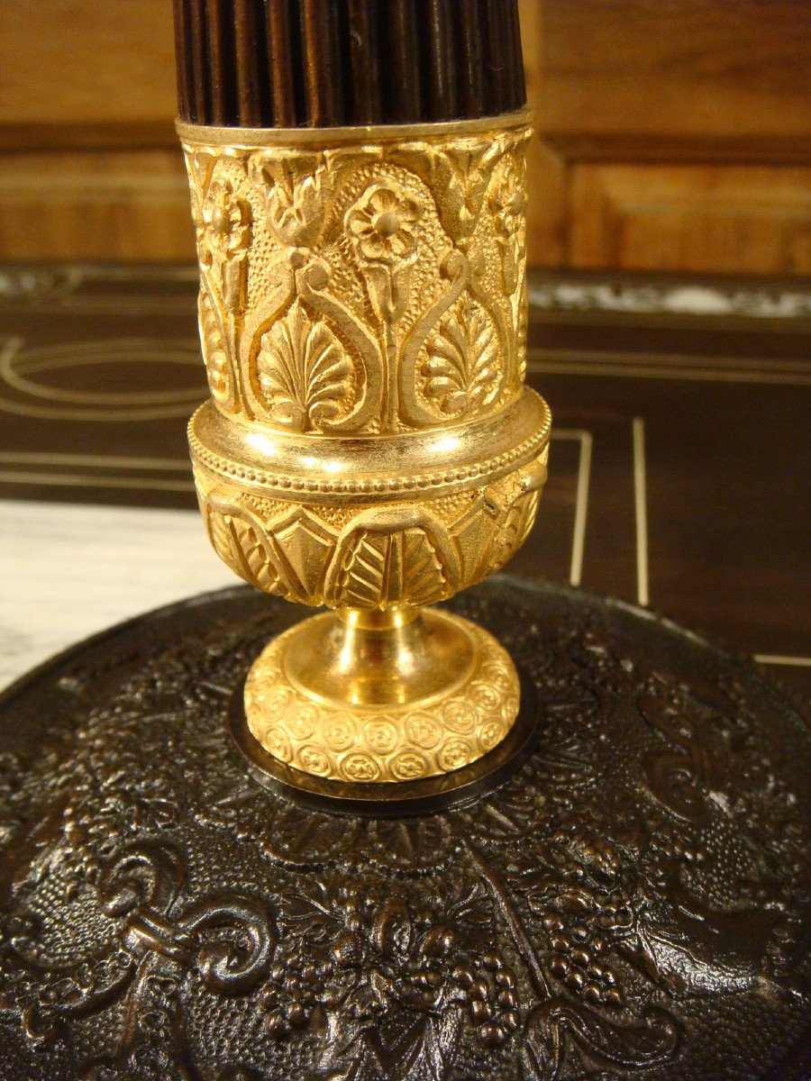 Pair Of Candlesticks In Brown And Gilded Bronze, Restoration Period-photo-3