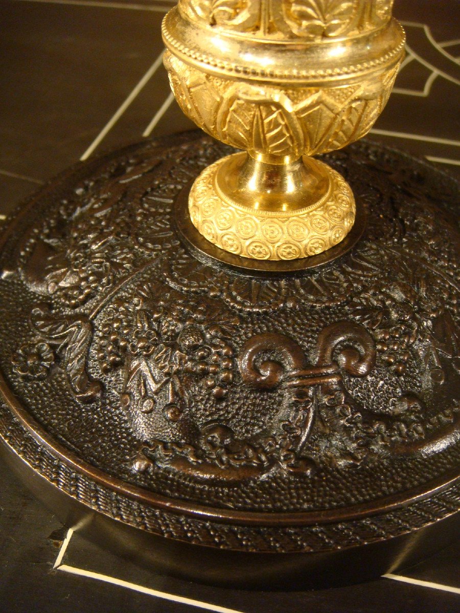 Pair Of Candlesticks In Brown And Gilded Bronze, Restoration Period-photo-5