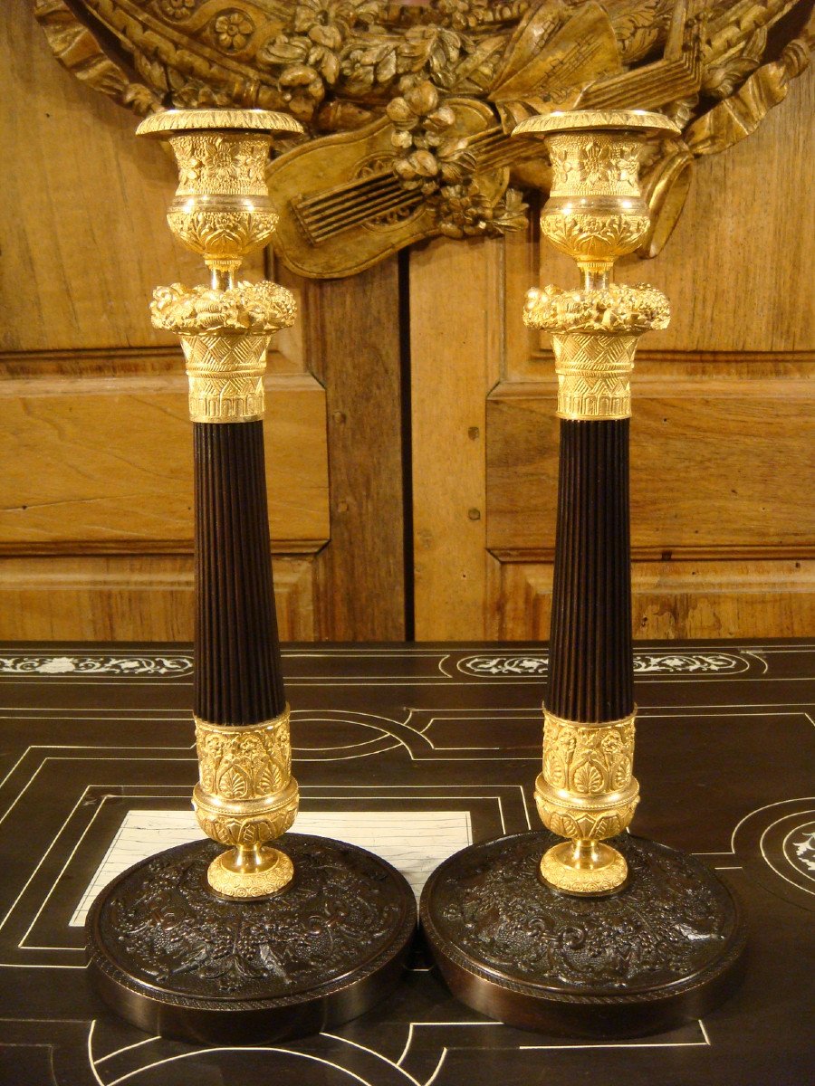 Pair Of Candlesticks In Brown And Gilded Bronze, Restoration Period-photo-7