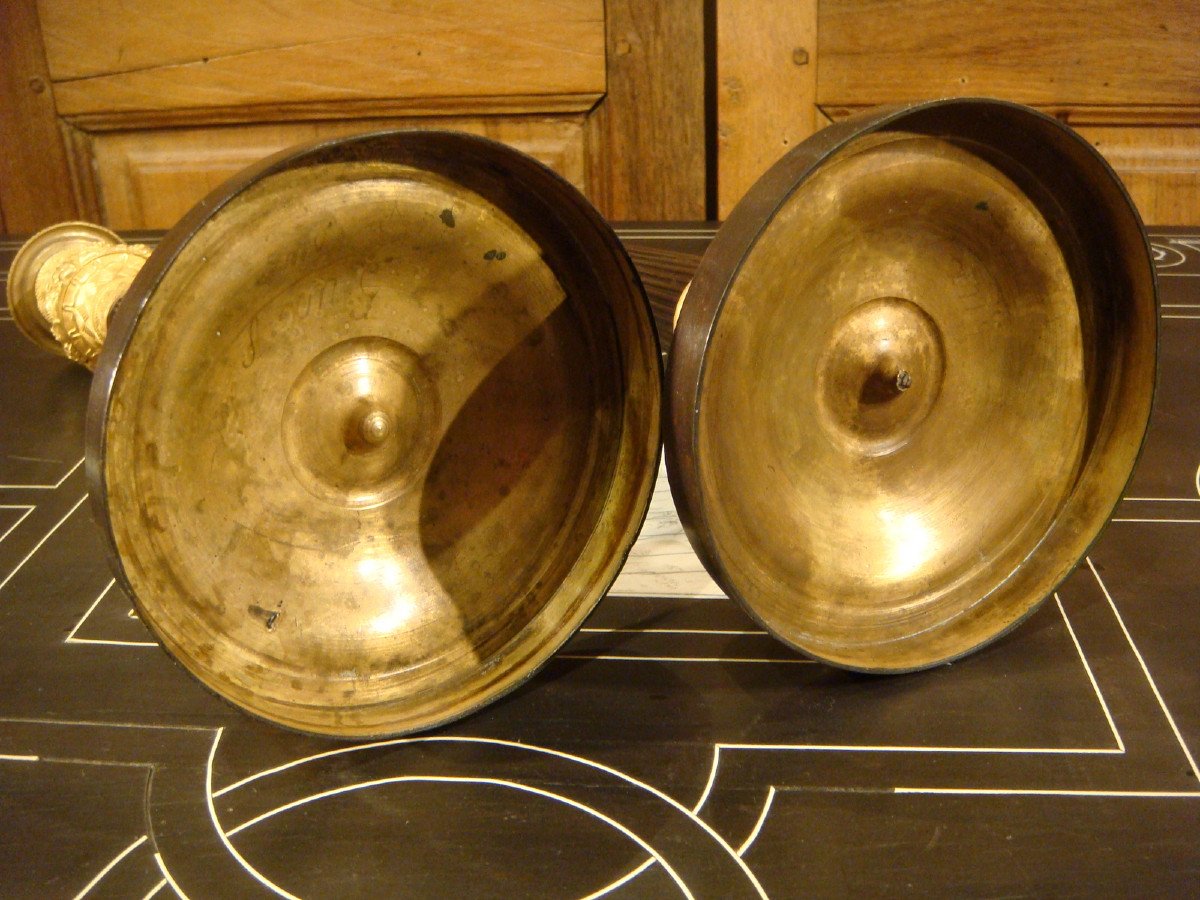 Pair Of Candlesticks In Brown And Gilded Bronze, Restoration Period-photo-8