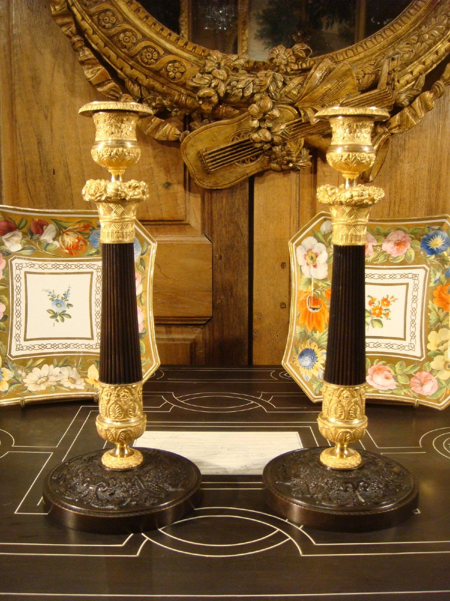 Pair Of Candlesticks In Brown And Gilded Bronze, Restoration Period