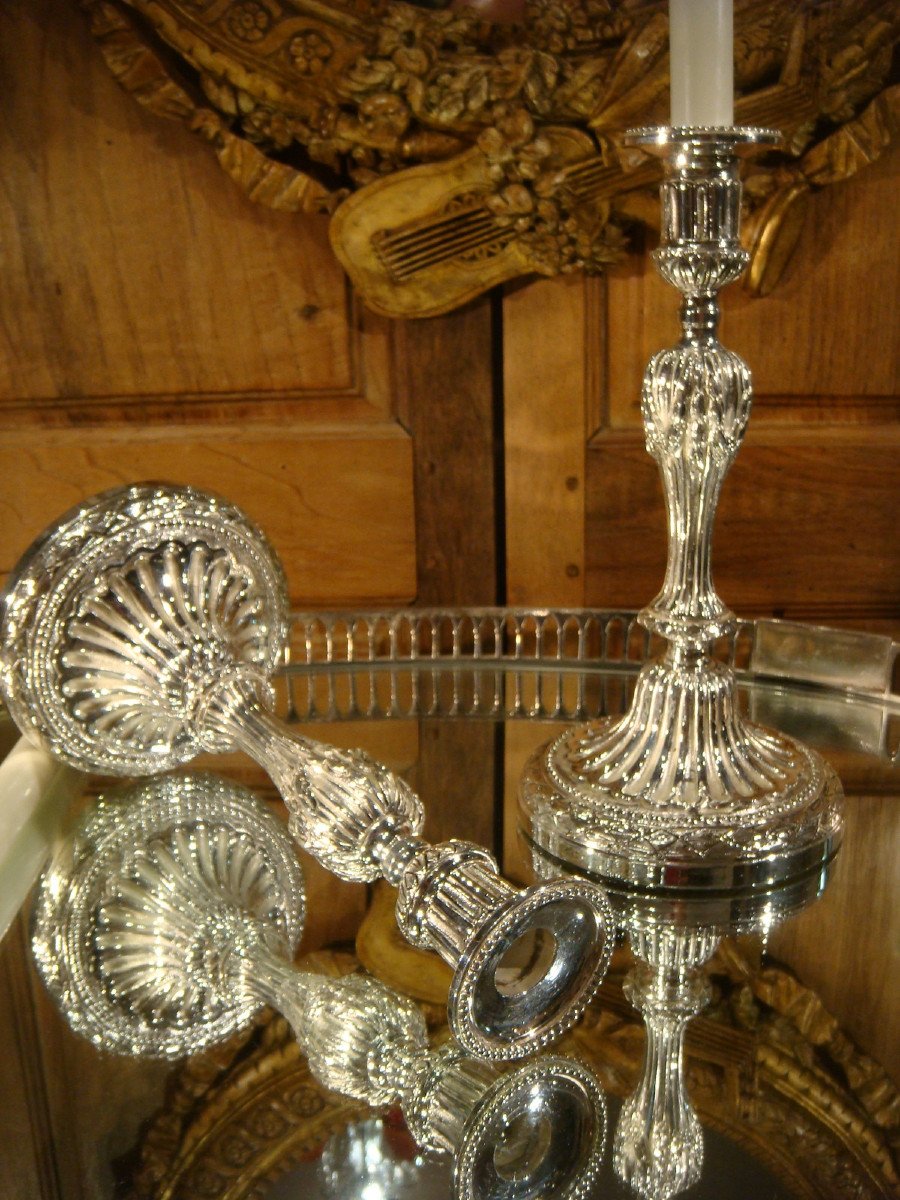 Paire De Bougeoirs En Bronze Argente De Style Louis XVI-photo-4