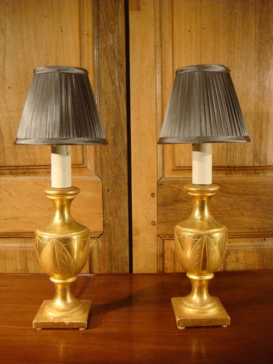 Pair Of Small Gilded Wood Lamps, 19th Century -photo-3