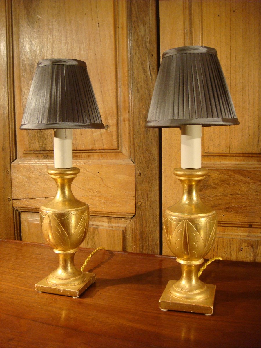 Pair Of Small Gilded Wood Lamps, 19th Century -photo-4