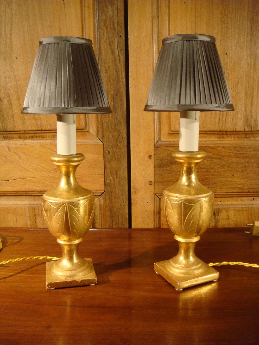 Pair Of Small Gilded Wood Lamps, 19th Century -photo-8