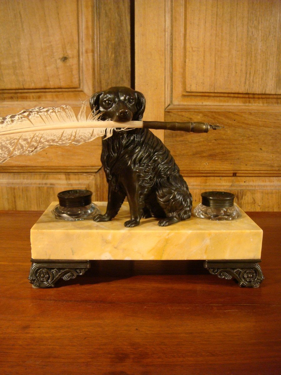 Marble Desk Inkwell And Bronze Dog-photo-2