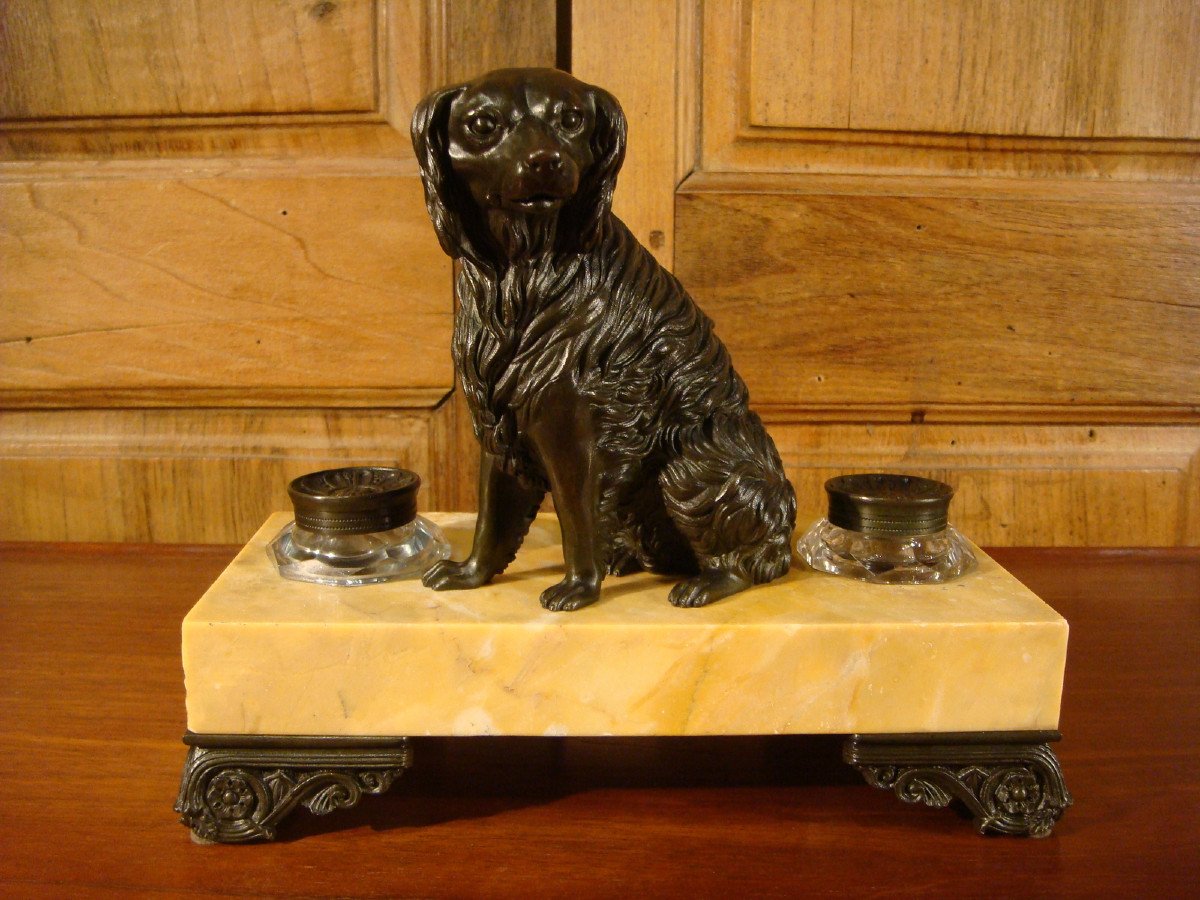 Marble Desk Inkwell And Bronze Dog-photo-3