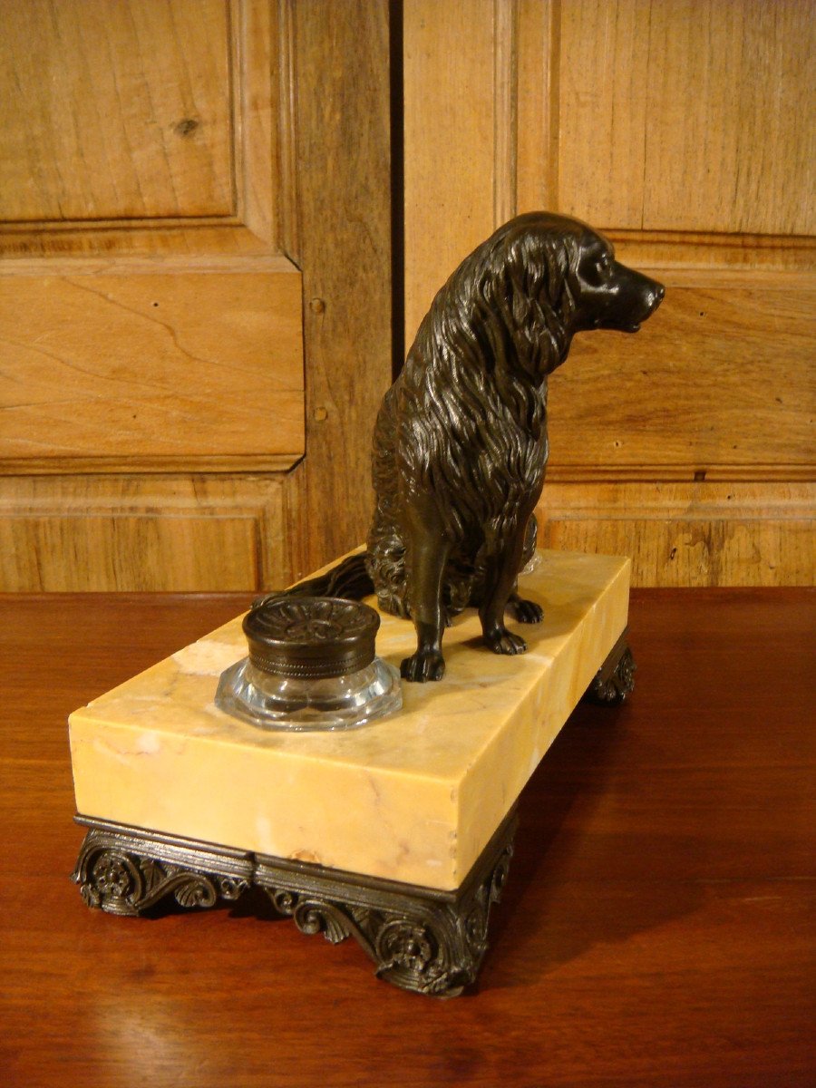 Marble Desk Inkwell And Bronze Dog-photo-4