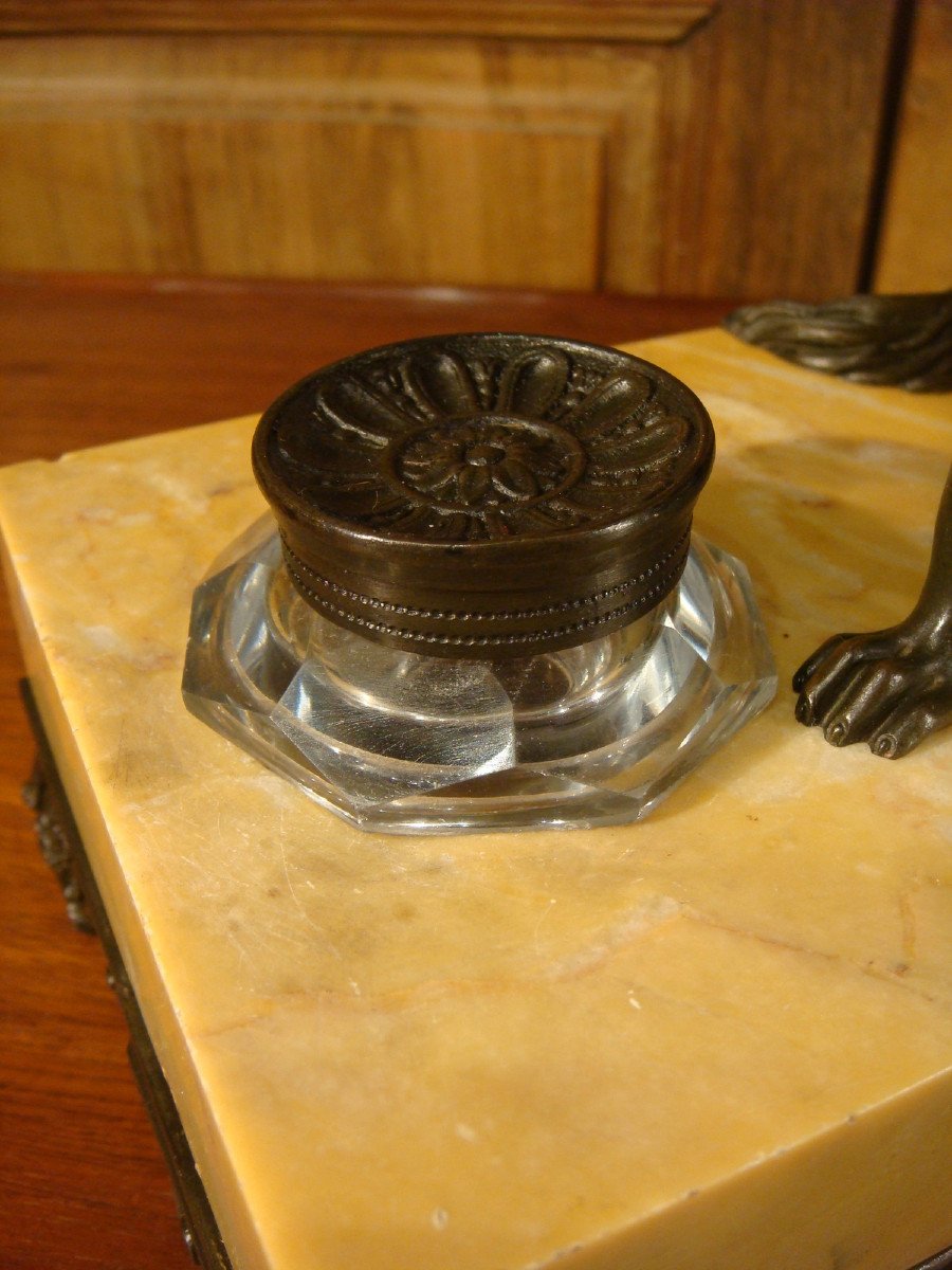 Marble Desk Inkwell And Bronze Dog-photo-6